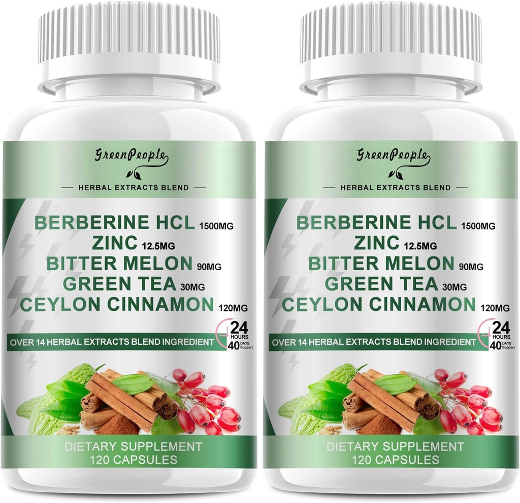 GREENLIONS Dodatek Berberine s Ceylon Skořice - 120 Count Berberine 1500mg Berberine HCL Kapsle s hořkou Melon / Artichoke Extrakts & Přírodní Byliny pro imunitní podporu 2 Pack