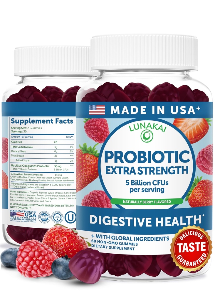 Lunakai USA Made Probiotické gumy - 5 miliard CFU, Vegan, Non- GMO, Gluten- Free - Stravovací a imunitní podpora pro ženy a muže - 60 Žvýkací gumy
