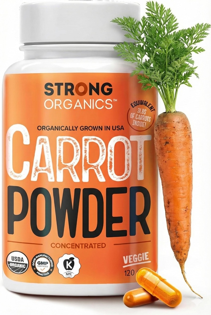 USDA Organic Carrot Powder Capsules (120), Pěstované v USA, Oční podpora, Beta karoten, Vitamin A, Karotenoidy, Antioxidanty, 106 ° F Max, Vegan, Kosher-2 Měsíce Dodávka