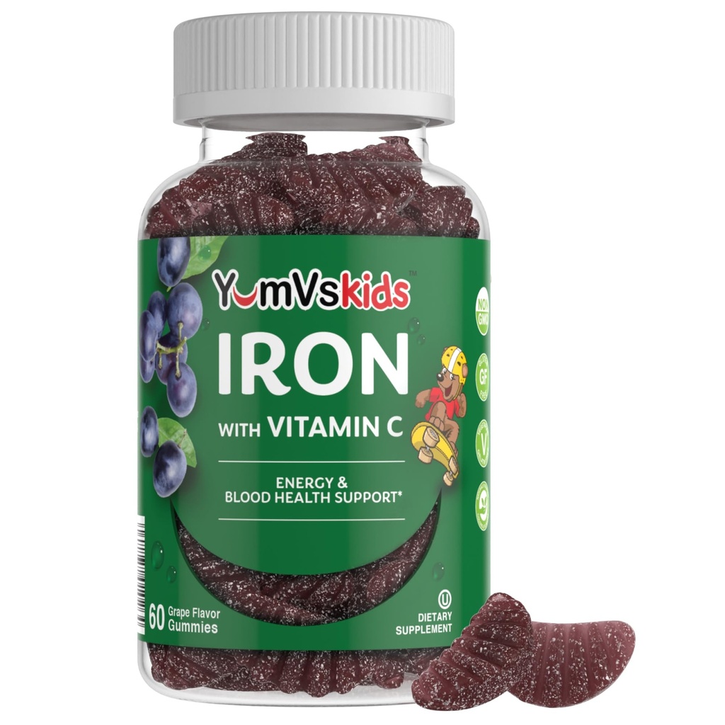 Železný doplněk pro děti - 5 mg Dětské gumy s vitamínem C - Great-Ochutnávající gumy Grape Flavor - Podporuje imunitní zdraví a pomáhá s deficitem železa - Vegan, Kosher, Non- GMO - 60 Počet