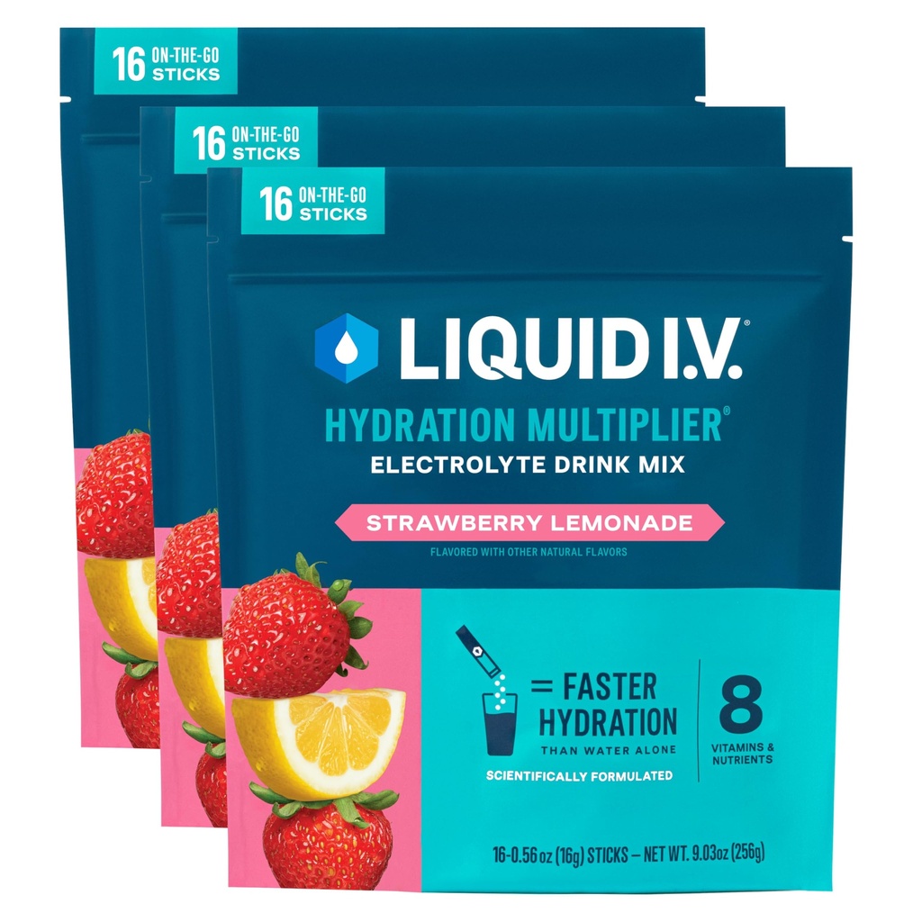 Liquid I.V. ® Hydration Multiplier - Jahodová citronáda 124; Electrolyte Powder Drink Mix 124; 3 balení (48 porcí)