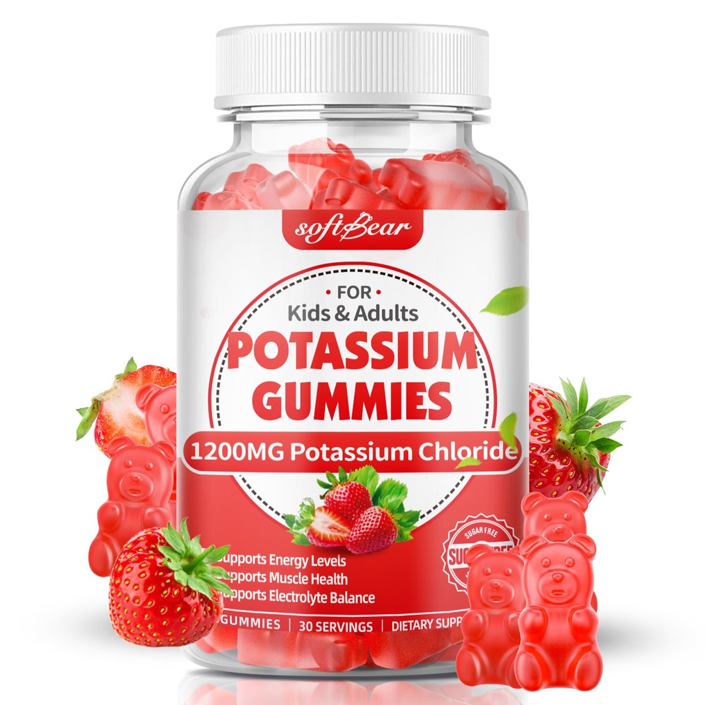 softbear draselné gumy pro dospělé, bezcukerné chloridové gumy 1200mg Support Leg Cramps & Electrolyte Balance High potency Draslík Supplement, Jahodové ochucení 60 Počet