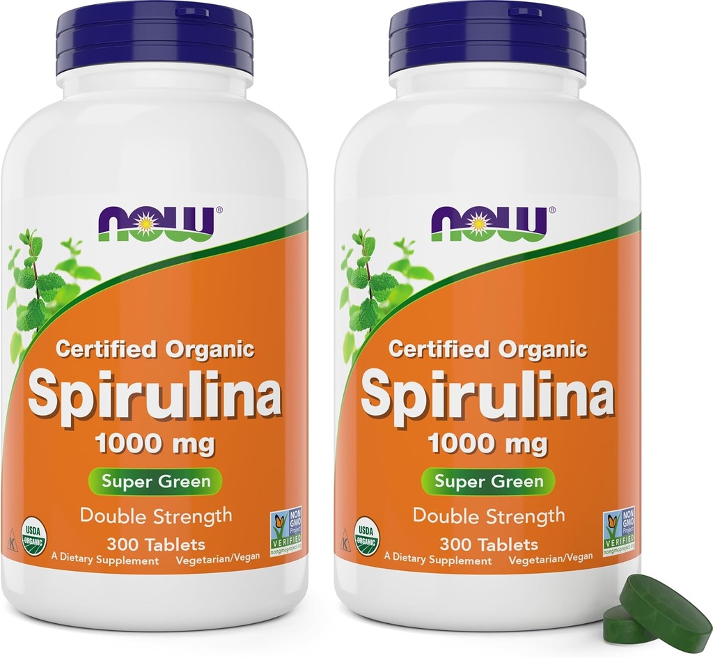 Nyní Foods Organic Spirulina 1000mg Tablety - 300 Počet (balení po 2) - Non- GMO, Super Green celý doplněk stravy - Double Strength 1000 mg - Přirozeně Occurring Beta- Carotene (VIT A), B-12 a GLA