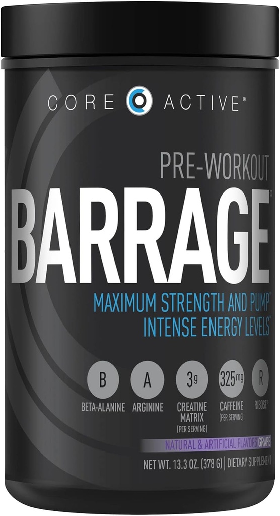 Barrage Pre Workout Powder - Precvičení pro ženy a muže, Creatine Powder, Beta Alanin, Agmatine Sulfath, & Caffeine - Svalový builder pro muže s intenzivní energií - Grape (30 Služeb)