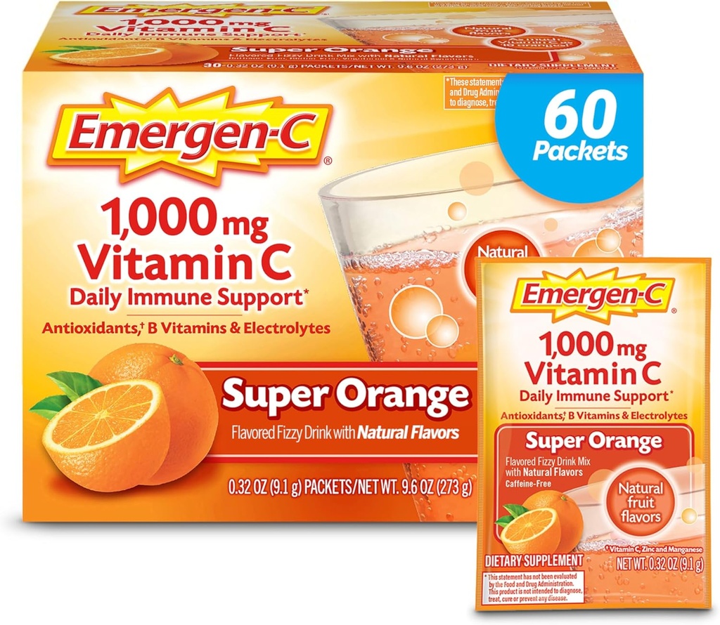 Emergen- C 1000mg vitamin C prášek pro denní imunitní podporu kofein zdarma vitamín C doplňky se zinkem a mangan, B vitaminy a elektrolyty, Super Orange Flavor - 60 Počet / 2 Měsíční dodávky