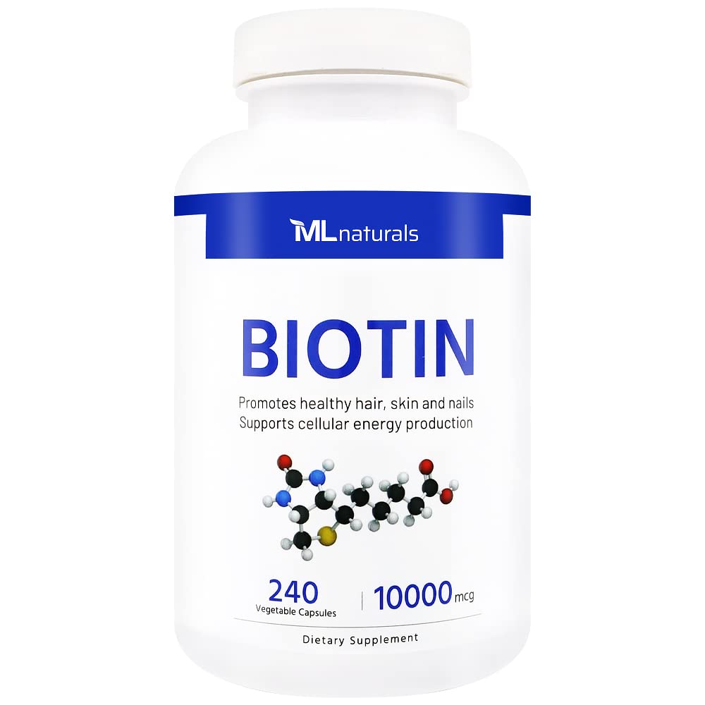 ML Naturals Biotin 10000 mcg 240 Zeleninové kapsle. Podporuje zdravé vlasy, kůže, hřebíky, a výroba energie, NSF- Certified & cGMP-Compliant