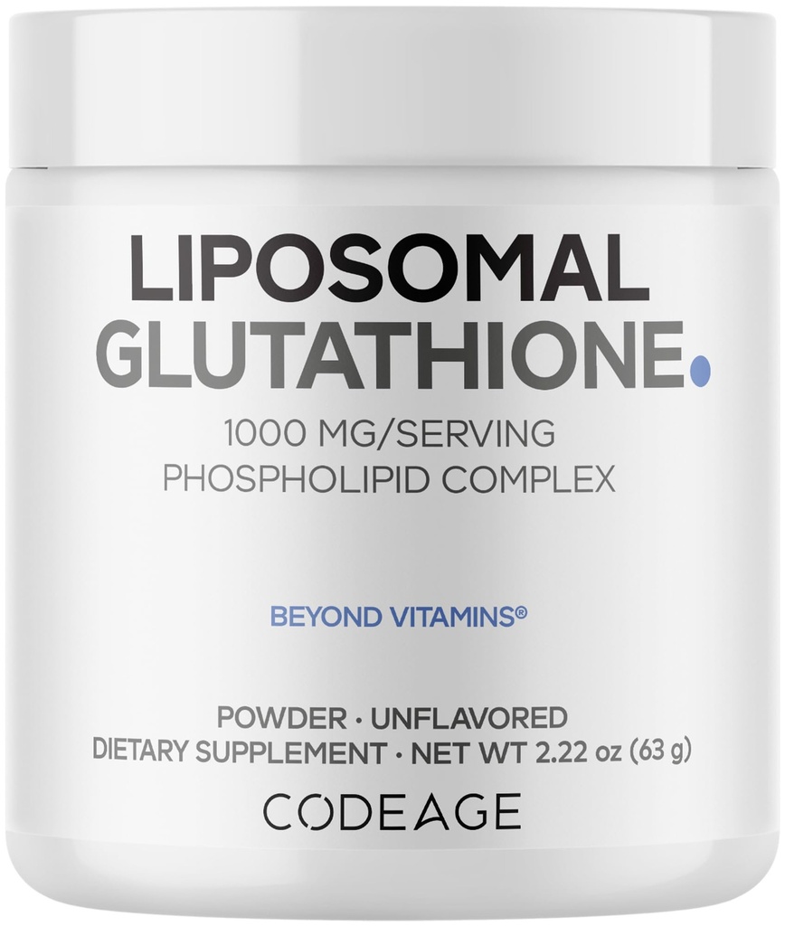 Codeage Liposomal Glutathione Powder - 1000 mg Vegan Reduced L- Glutathione per Serving, Liposomal Delivery - 2- Month Supply - Unflaried - Fosfolipid - Non- GMO gluten- Free - 2.22 Oz