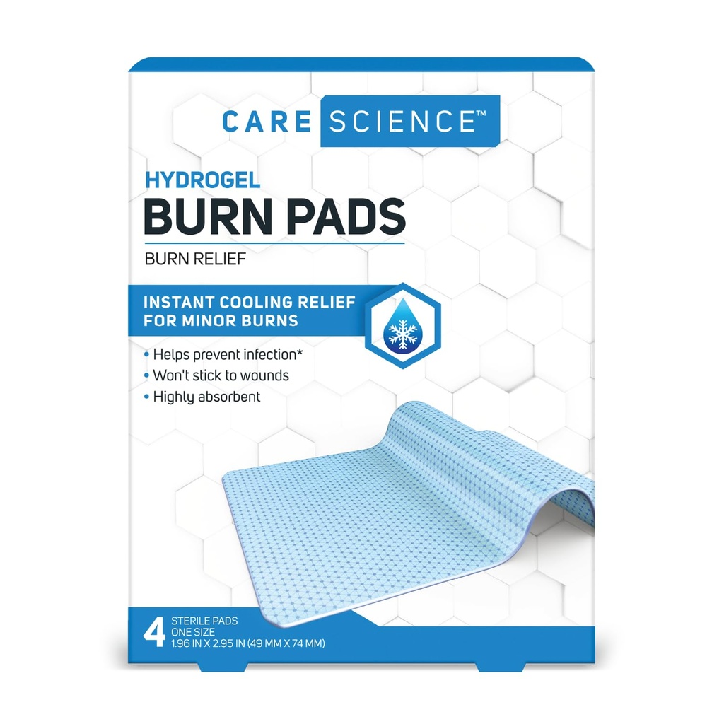 Care Science Hydrogel Sterilní Burn Obvaz Pads for Burn Relief, 4 ct cut 124; Okamžité chlazení Relief for Minor Burns & Wounds