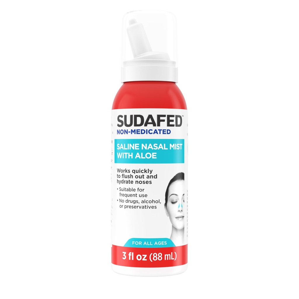 Sudafed Non-Medicated Saline Nasal Mist s Aloe, Sinus Saline Nose Spray pro všechny věkové doby Rychle splachuje & Moisturizes Nasal Passages, Použít Nasal Mist jako často jak je třeba, Drog- Free, 3 fl. oz
