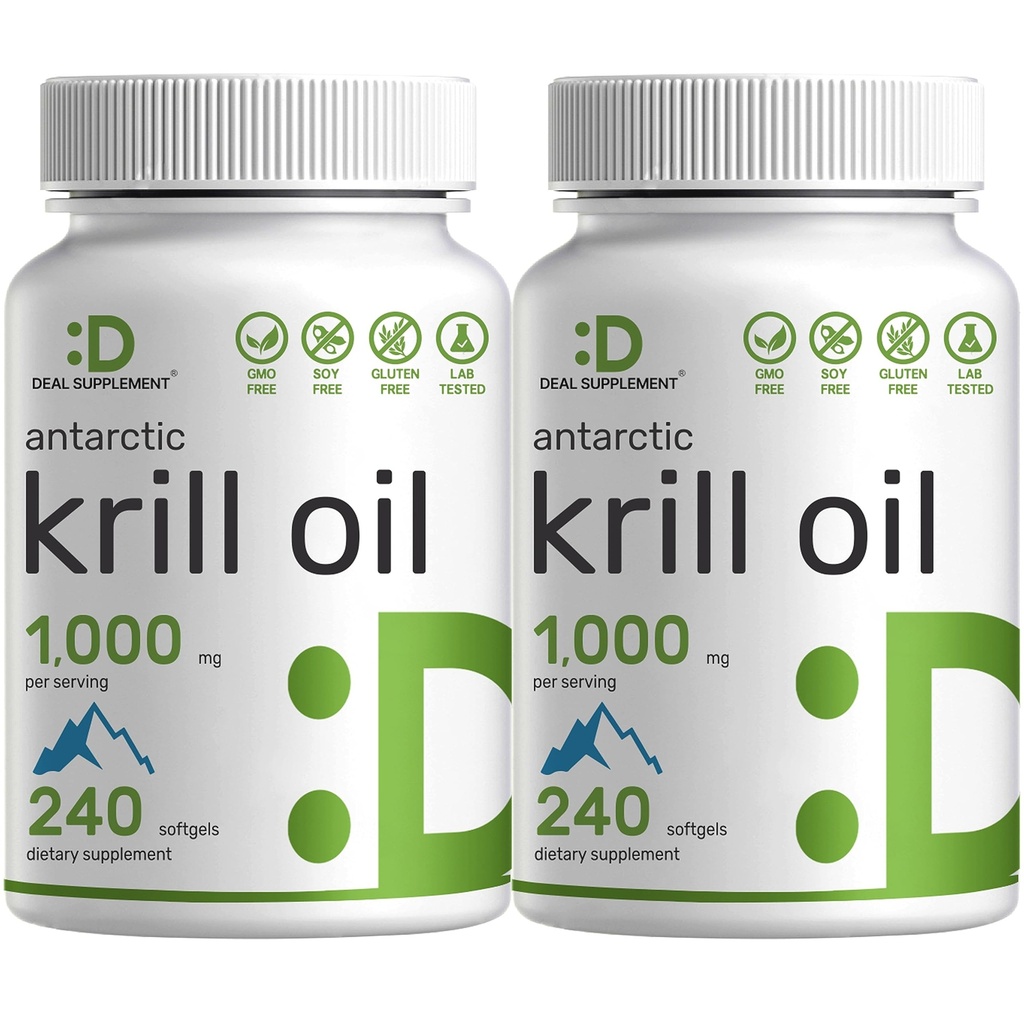 DEAL SUPPLMENT 2 Pack Antarktický krilový olej, 1,000mg Per Serving, 480 Softgels - Mercury Free, No Fishy Taste - Bohaté Omega-3s, EPA, DHA, Astaxanthin, & Fosfolipidy - Non- GMO, No Gluten