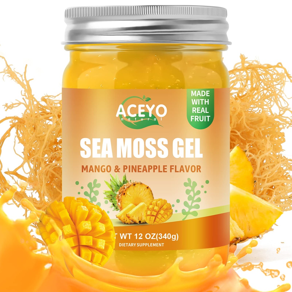ACEYO (12 OZ) Irish Sea Moss Gel Raw Vegan Mango Ananas Flavor 102 Vitamíny a minerály Wild Sklizeň Non-GMO imunitní obrana Booster štítné žlázy stravovací podpora