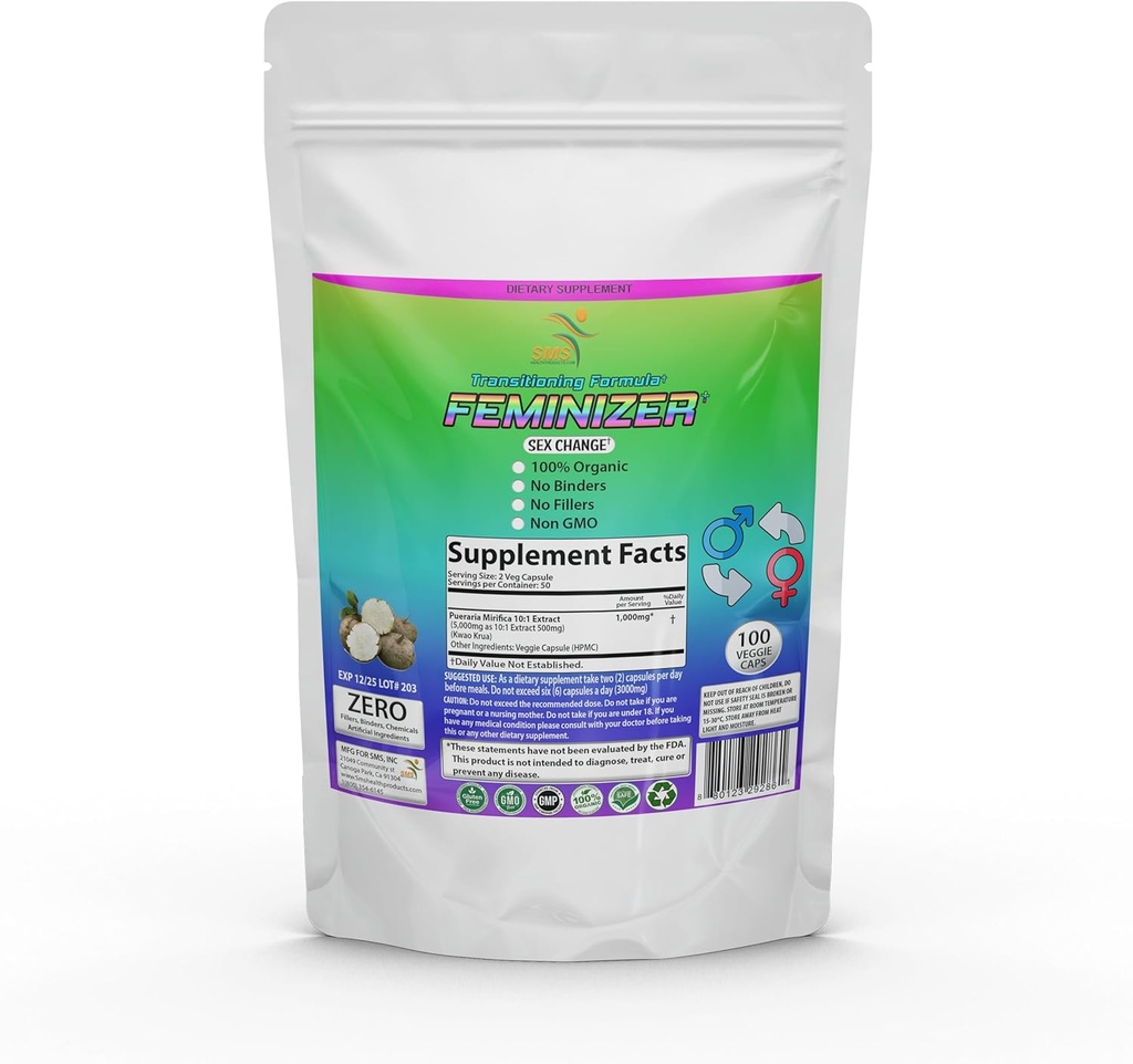 Feminizer Sex Change Pills by SMS, 100 Veggie Caps Pueraria Miestica For Estrogen 1,000mg Pure 10: 1 Root Extract Powder - Kwao Krua Kao - Premium Grade, Organic for Women, Transgender, Ladyboy, LGBT