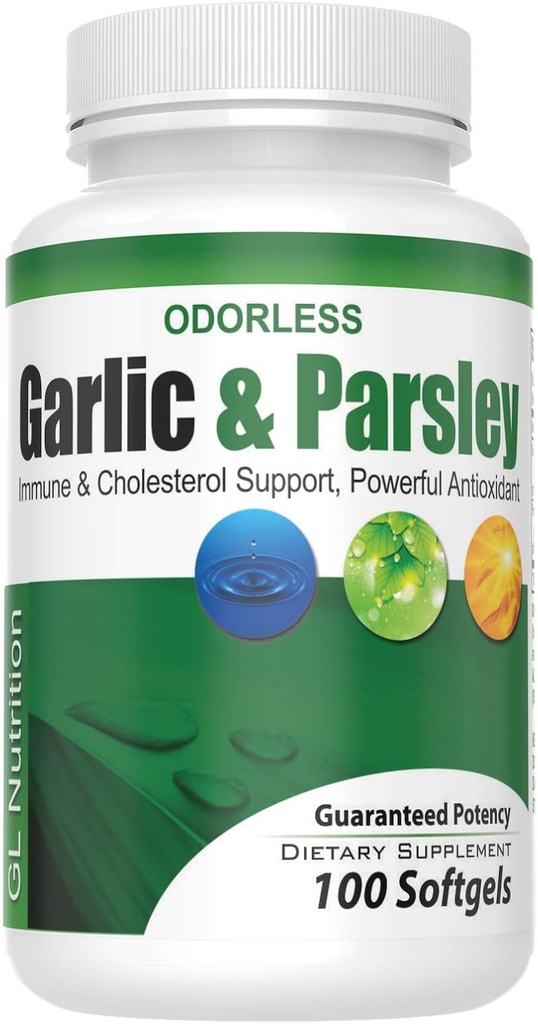 Odorless Česnek a Parsley Softgels podle GL Nutrition CLAS124; All- Natural Detox, který zvyšuje imunitu a metabolismus, podporuje srdeční zdraví a Cholesterol úrovně 100: 1 Extract CLAS124; 100 Počet