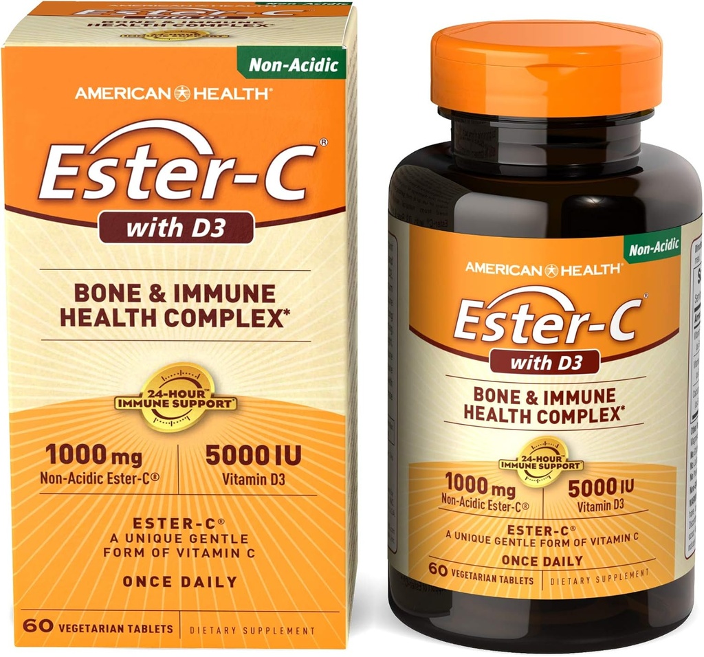 American Health EsterC s D3 Kostní imunitní komplex Vegetariánské tablety 24hodinová imunitní podpora 1000 mg EsterC 5000 IU Vitamin D3 Non Acidic Vitamin C Service, 60 Počet
