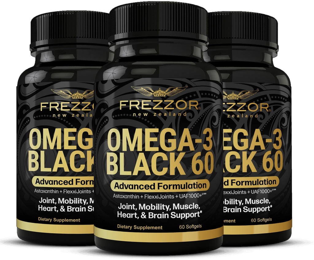 FREZZOR Omega 3 Black for Joint Care & Comfort - Nový Zéland Green Lipped Mussel Oil Capsules; 53x Vyšší potence s UAF1000 + Super Antioxidant, No Fishy After taste, 60 Počet (balení po 3)