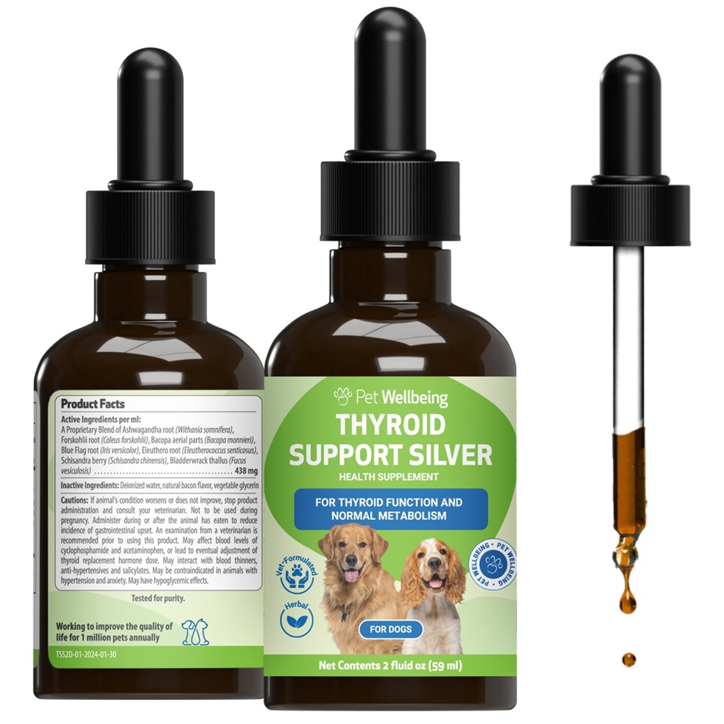 Pet Wellbeing štítné žlázy podpora stříbro pro psy - podporuje vyváženou funkci štítné žlázy, zdravý metabolismus, normální energie, Ashwagandha, Bacopa - Veterinarian- aplikovaný bylinný doplněk 2 oz (59 ml)