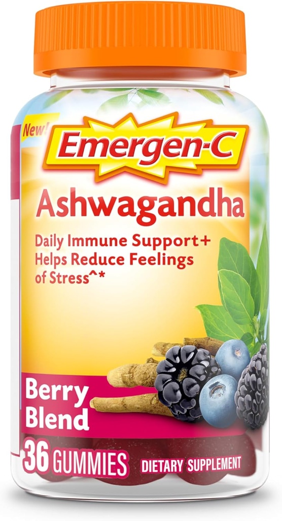 Emergen-C Vitamin C a Ashwagandha Gummies, Dietní dodatek pro imunitní podporu, Berry Blend, Zpět do školy Essentials - 36 Hrabě