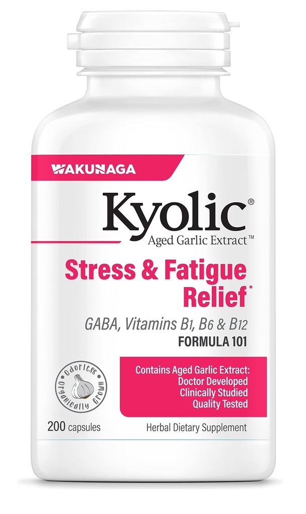 Kyolický Česnek Extract Formule 101, Stres a Únava Relief, 200 Kapsle.