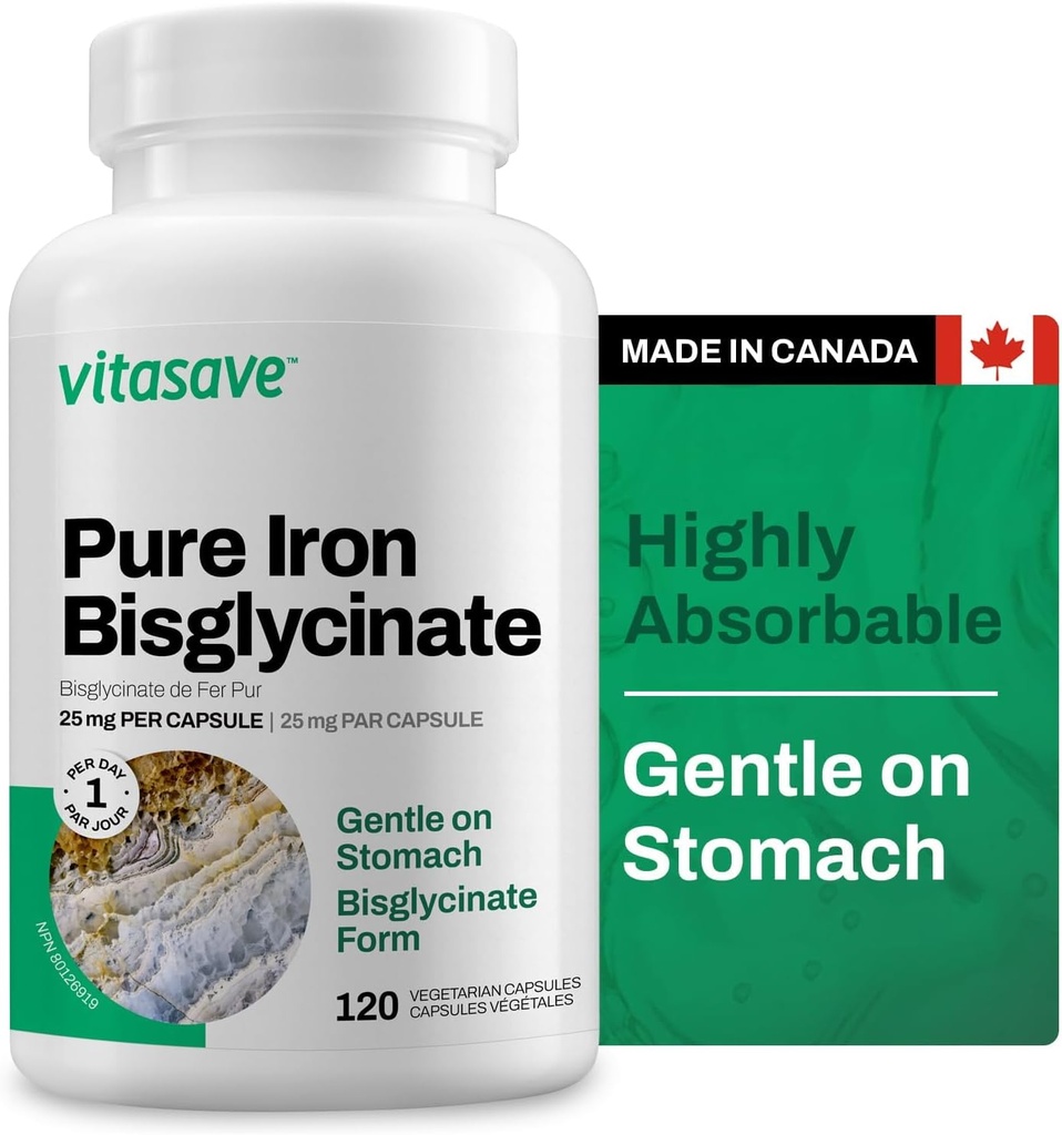 Vitasave Iron Bisglycinate - High Absorption Iron Supplement for Energy, Anemia & Imunitary Support - Gentle on Stomach - Vegan, Non- GMO, Gluten- Free - 120 Kapsle (Made in Canada)