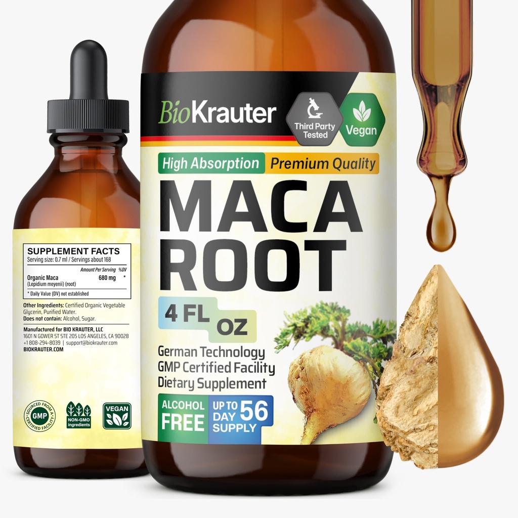BIO KRAUTER Maca Root Liquid Drops - Maca Extract Tincture - Vegan, Sugar & Alkohol Free Extract 4 Fl.Oz.