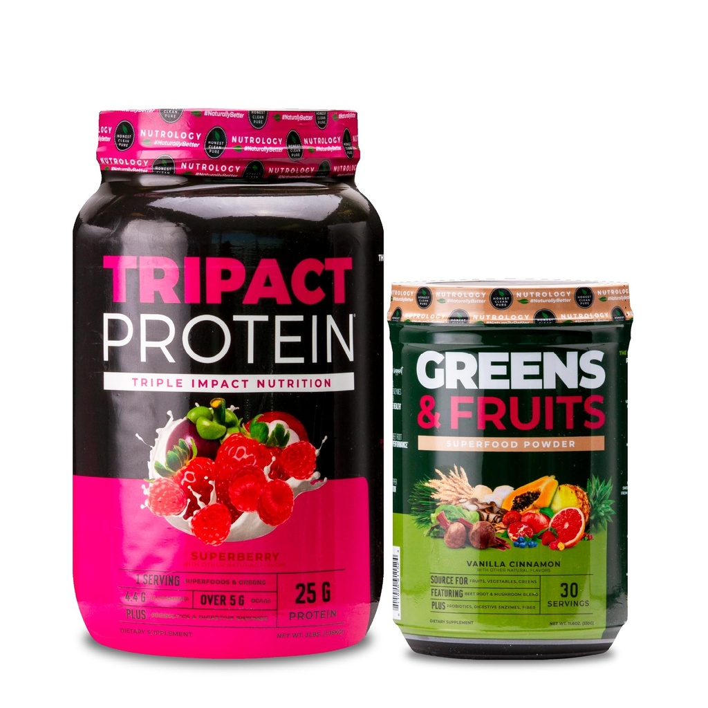 Nutrology TRIPACT Protein Powder, 7- in-1 Strava Náhradní Shake, Superberry (40 Služeb) Zelené & Ovoce Powder- Přirozeně sourced Superfood, Vanilla Skořice (30 Služeb)