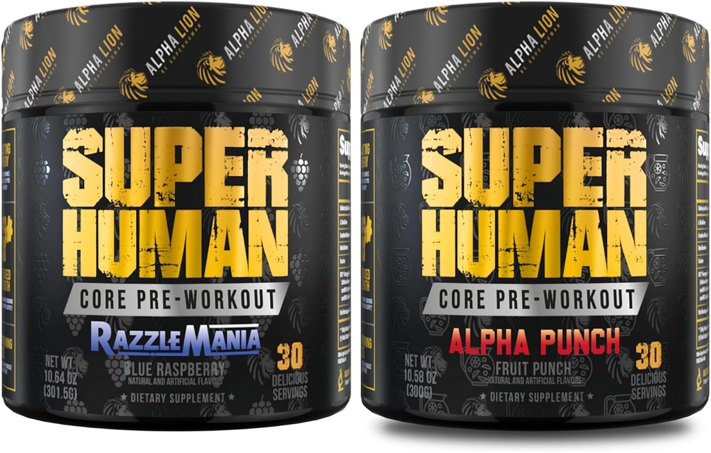 ALPHA LION Core Pre Workout Powder Bundle for Pump & Tri-Source Caffeine for Setrvalá energie, Ovoce Punch & Blue Raspberry Flavor (30 Servings Each)