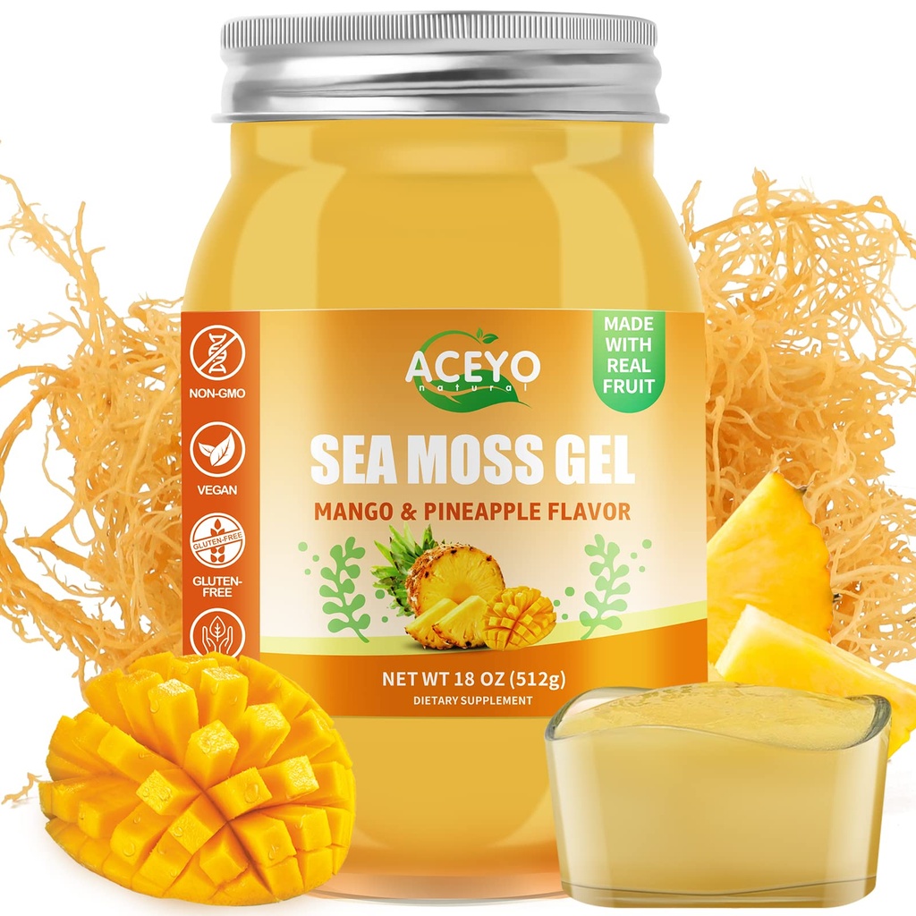 ACEYO (18 OZ) Irish Sea Moss Gel Raw Vegan Mango Ananas Flavor 102 Vitamíny a minerály Wild Sklizeň Non- GMO