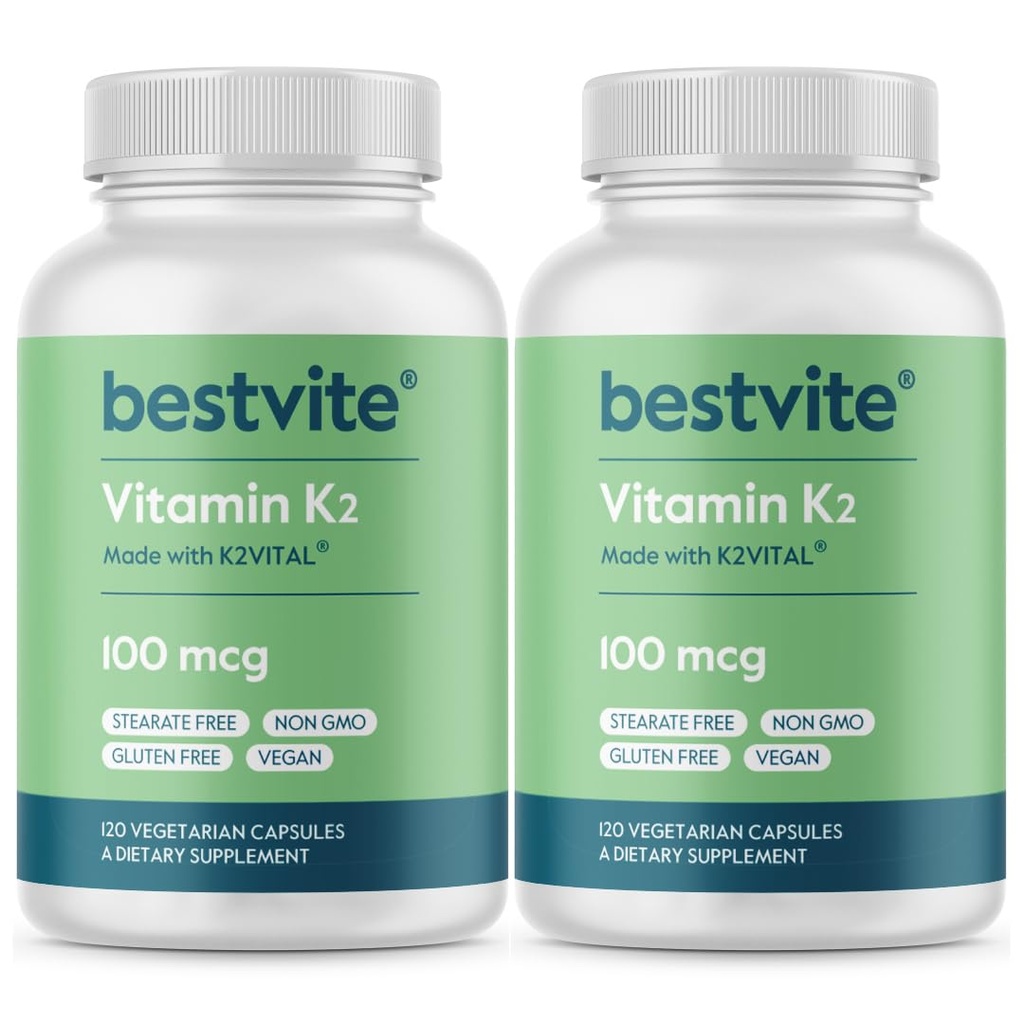 BESTVITE vitamin K2 100 mcg jako MK-7 (240 Vegetariánských kapslí) (120x2) - No Stearates - Vegan - Non GMO - Gluten zdarma