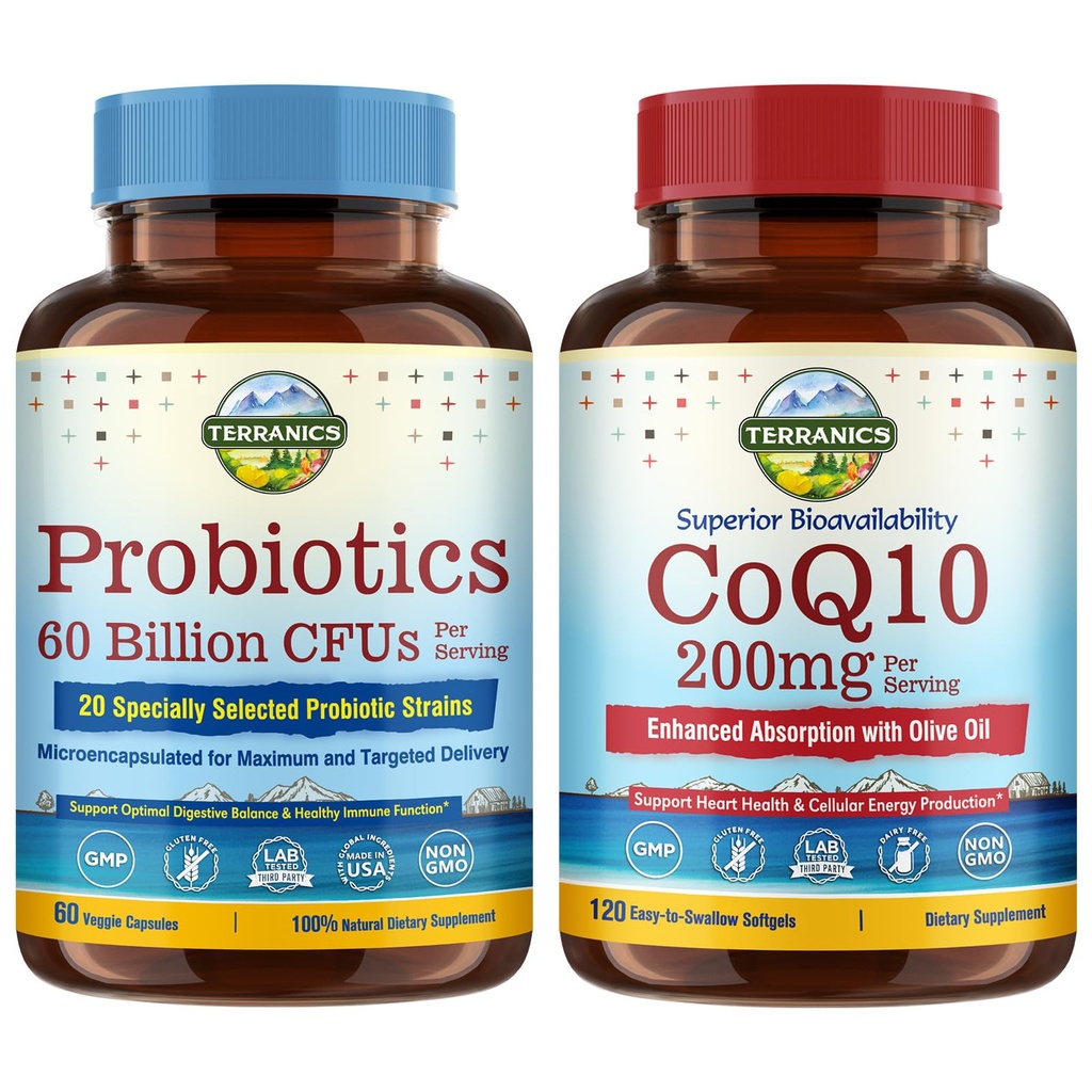 Terorika Probiotika & CoQ10 Bundle, Srdce & Digestion Zdraví, 60 miliard Probiotika, Bioaktivní koenzym Q10 200mg, Extra Panenský olivový olej, Bundle & Save