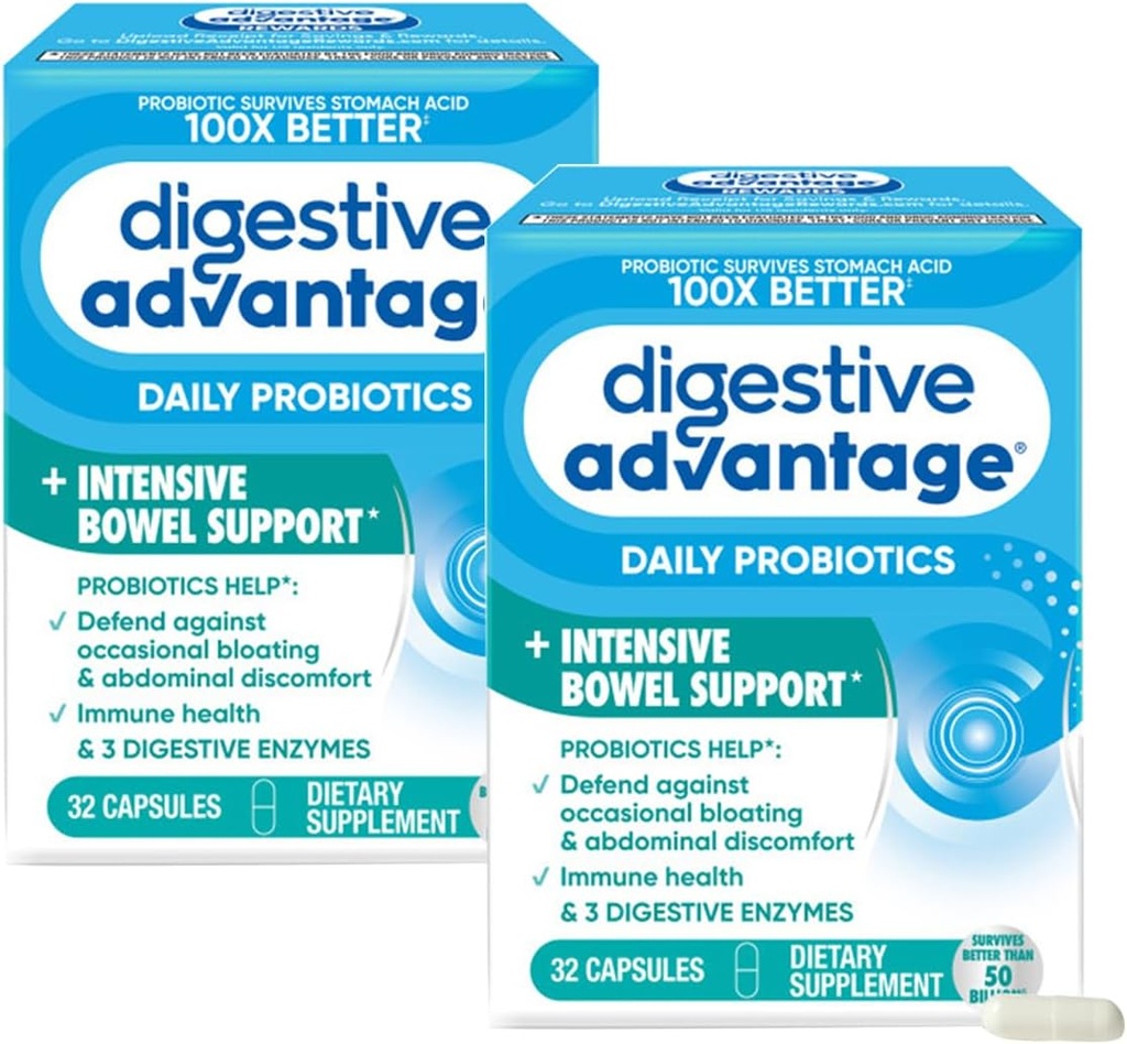 Stravovací výhoda Intensive Bowel Support Probiotic Defends Against Gas & Bloating, 32 Počet kapslí (2 balení)