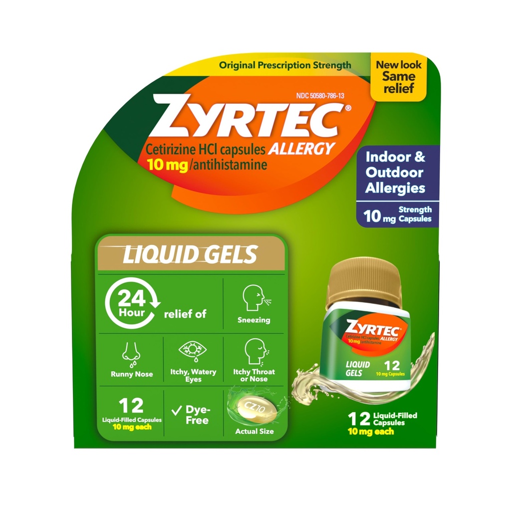 Zyrtec 24 hodinová alergie Relief Liquid Gels, Antihistaminika Kapsle s Cetirizin HCl Alergie Medicine pro All- Day Relief from Runny Nose, Nutzing, Itchy Eyes & More, 12 Počet