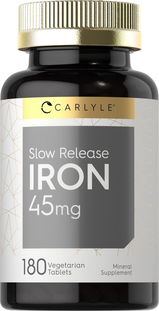 Carlyle Slow Release Iron 45 mg Iron 124; 180 Tablet IR 124; Ferrous Sulfath Mineral Supplement IR 124; pro muže a ženy IR 124; Vegetarian, Non- GMO, a gluten Free Formule
