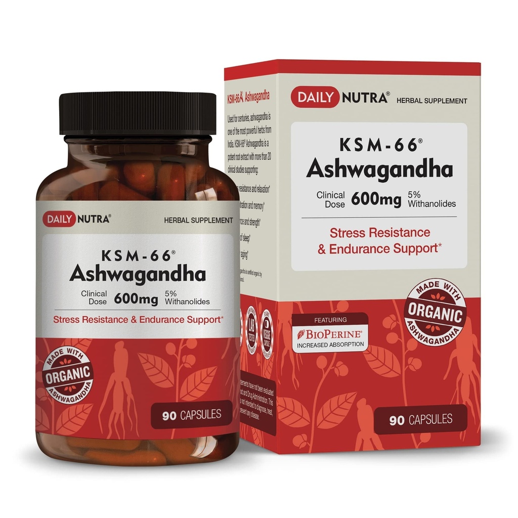 DailyNutra KSM- 66 Ashwagandha 600mg Organic Root Extract - dodatek vysoké potence s 5% Witanolides current124; Relieves Únava, Podporuje relaxaci, Focus, Energy, & Muscle Growth (90 Kapsle)