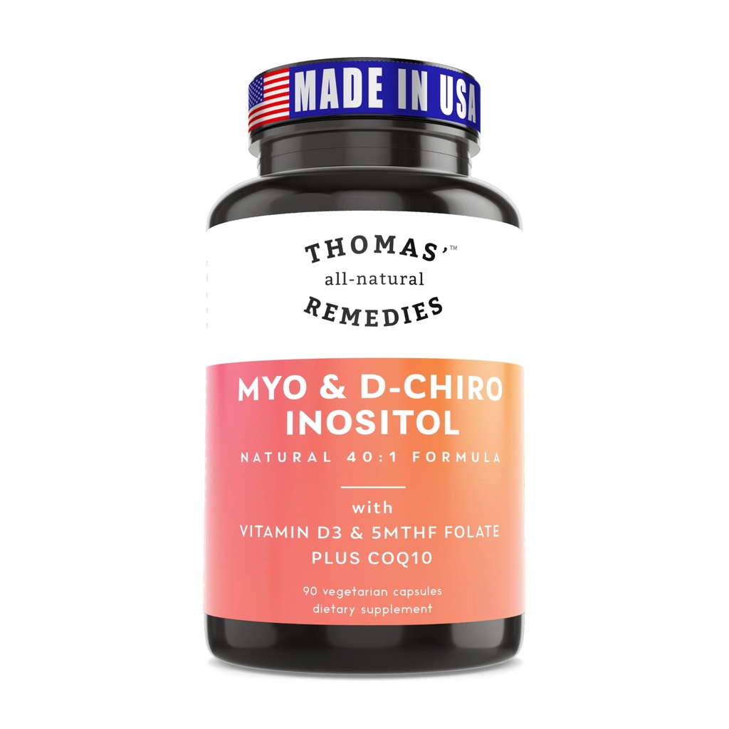 Thomas 'all- natural Remedies Myo Inositol dodatek & D- Chiro Inositol Blend dodatek s folátem a vitamínem D3, 40 až 1 poměr, Non- GMO, No Fillers, CoQ10, 90 Vegan Kapsle