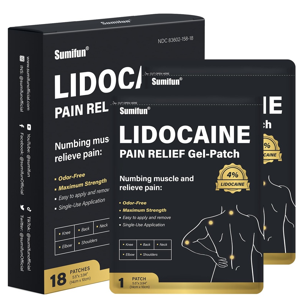 Sumifun 4% Lidokain Patches, 18 Count Long Lasting Plaster Patch for Knee, Rameno, Muscle, Spoje s přírodními složkami, Extended Patch s Lidocain FSA nebo HSA způsobilé