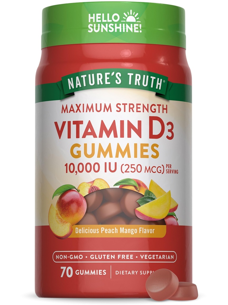 Nature 's Truth Vitamin D3 Gummies PHAR124; 10000 IU PHARMAN 124; 70 Count GARMAN 124; Peach Mango Flavor PHARMAN 124; Vegetarian, Non- GMO & Gluten zdarma dodatek