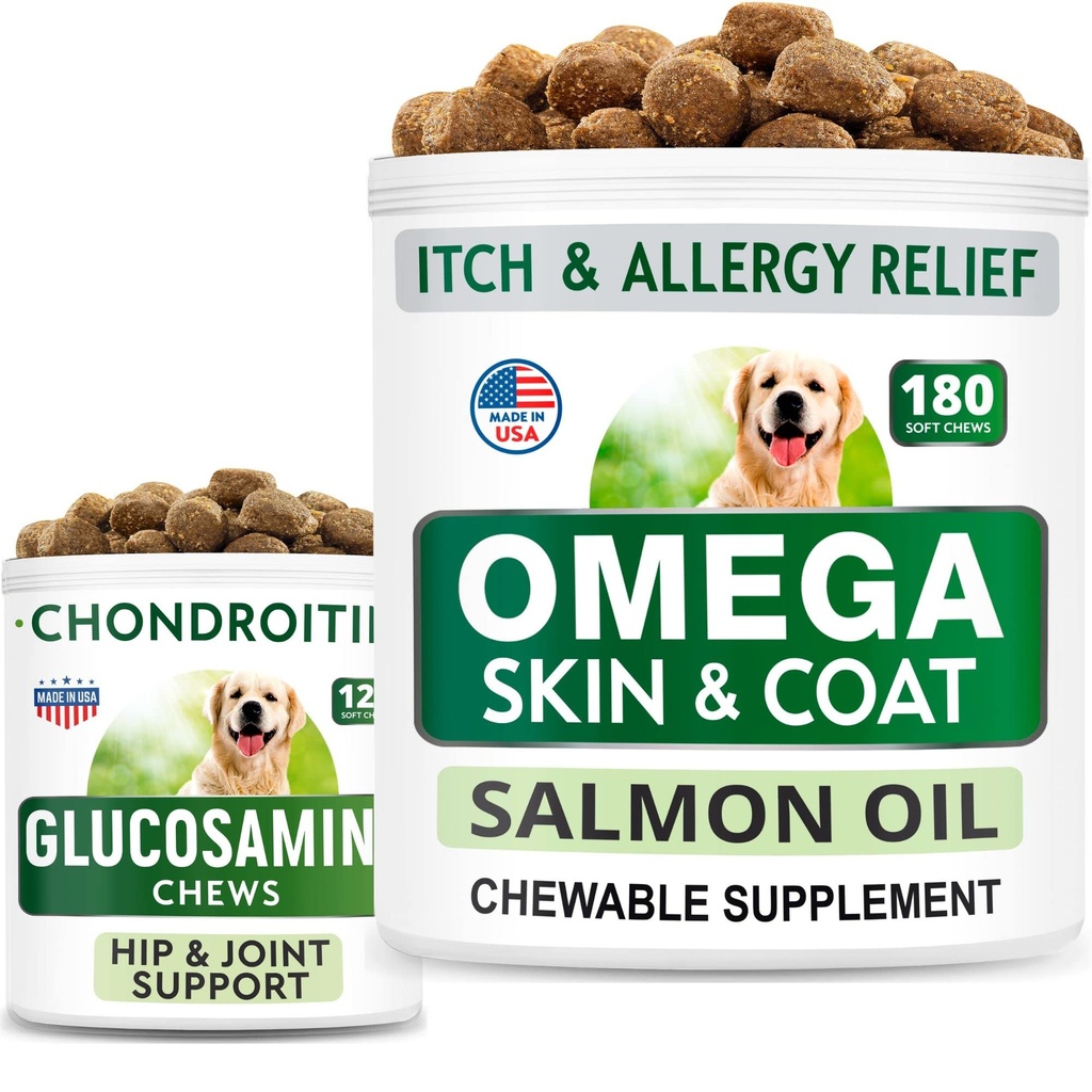 BARK & SPARK Glucosamine Dog Treats + Omega 3 pro psy Bundle - Podpora kyčelního kloubu a společná pomoc proti bolesti + Žvýkání rybího oleje, kožní alergie, Itch Relief, kůže a coat