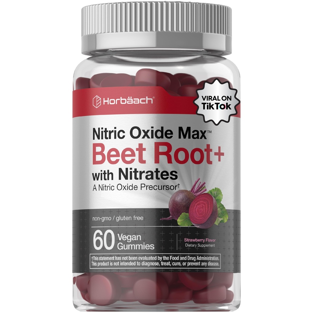 Horbäach Nitric Oxide Beet Root Gummies CLAS124; 60 Count CLAS124; s nitráty CLAS124; Strawberry Flavor CLAS124; Vegan, Non- GMO, gluten zdarma dodatek