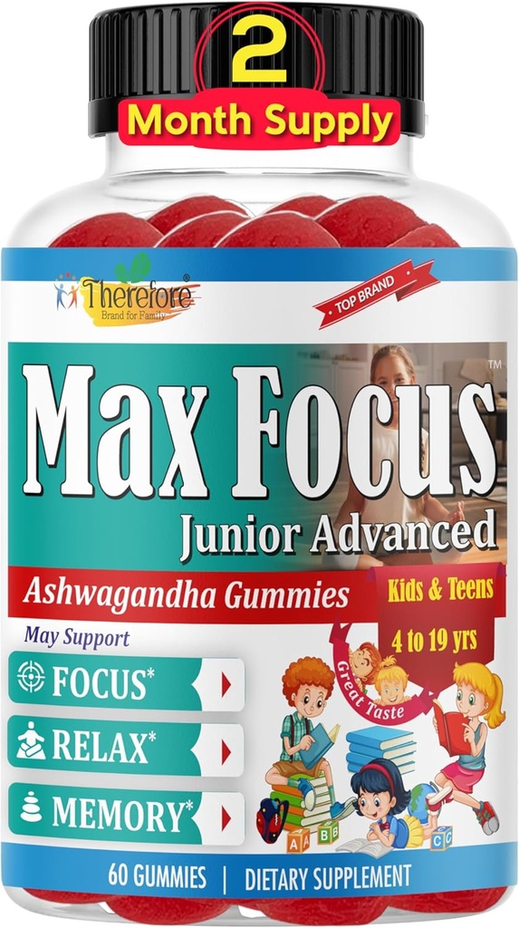 Max Focus Junior - Kids Focus & Calm Gummies CLAS124; Calming & Attention Supplement for Kids & Teens with Ashwagandha CLAS124; Brain Vitamíny CLAS124; Vegan, Non- GMO, 60 Gummies