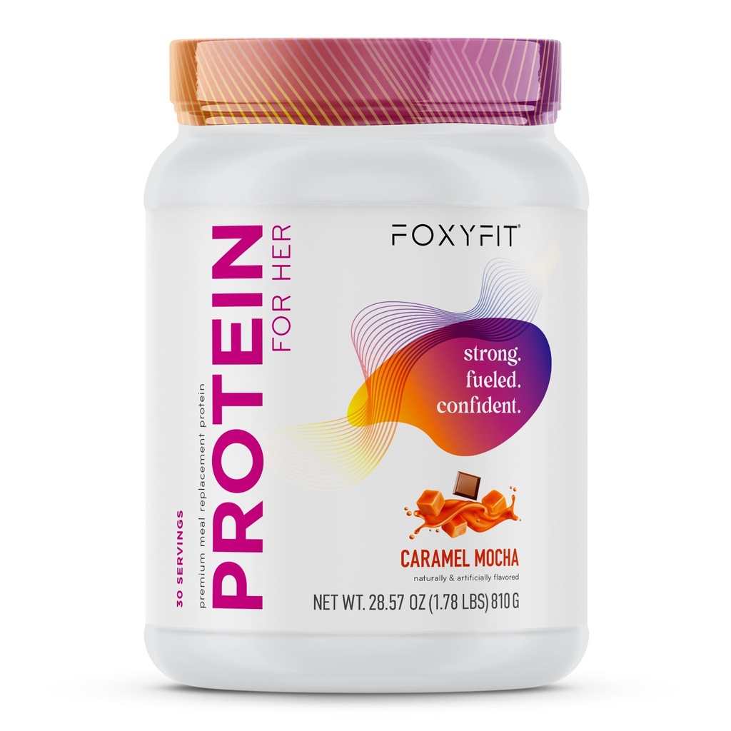FoxyFit protein pro ni, karamel mocha syrovátka prášek s CLA a biotin pro zdravé záře (1,85 lbs)
