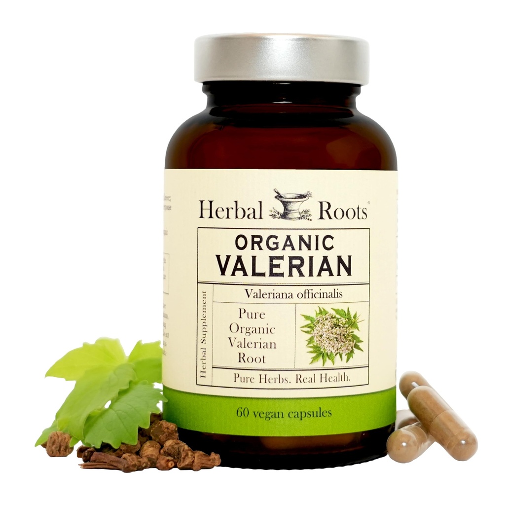 Herbal Roots Pure Organic Valerian Root Capsules - 900 mg - Non- Habit Forming with no Melatonin, Non- GMO - 60 Count Vegan Capsules, Herbal dodatek