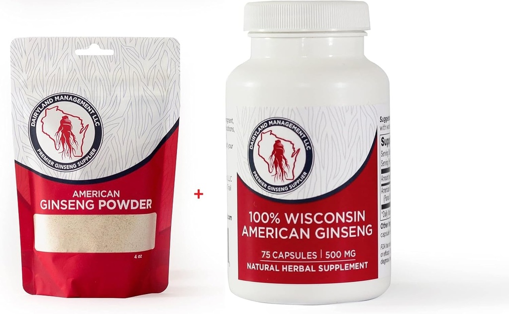 Dairyland American Ginseng Powder 4 oz and Capsules 75 ct Pack of Wisconsin Ginseng - Direct from Farmer to Consumer Ginseng