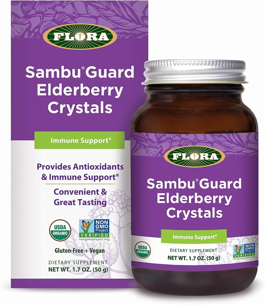 Flora - SambuGuard Elderberry Crystals, Poskytuje antioxidanty a imunitní podporu, Posílit imunitu, Detox Body, Boost Energy, 1.7-z. Prášek