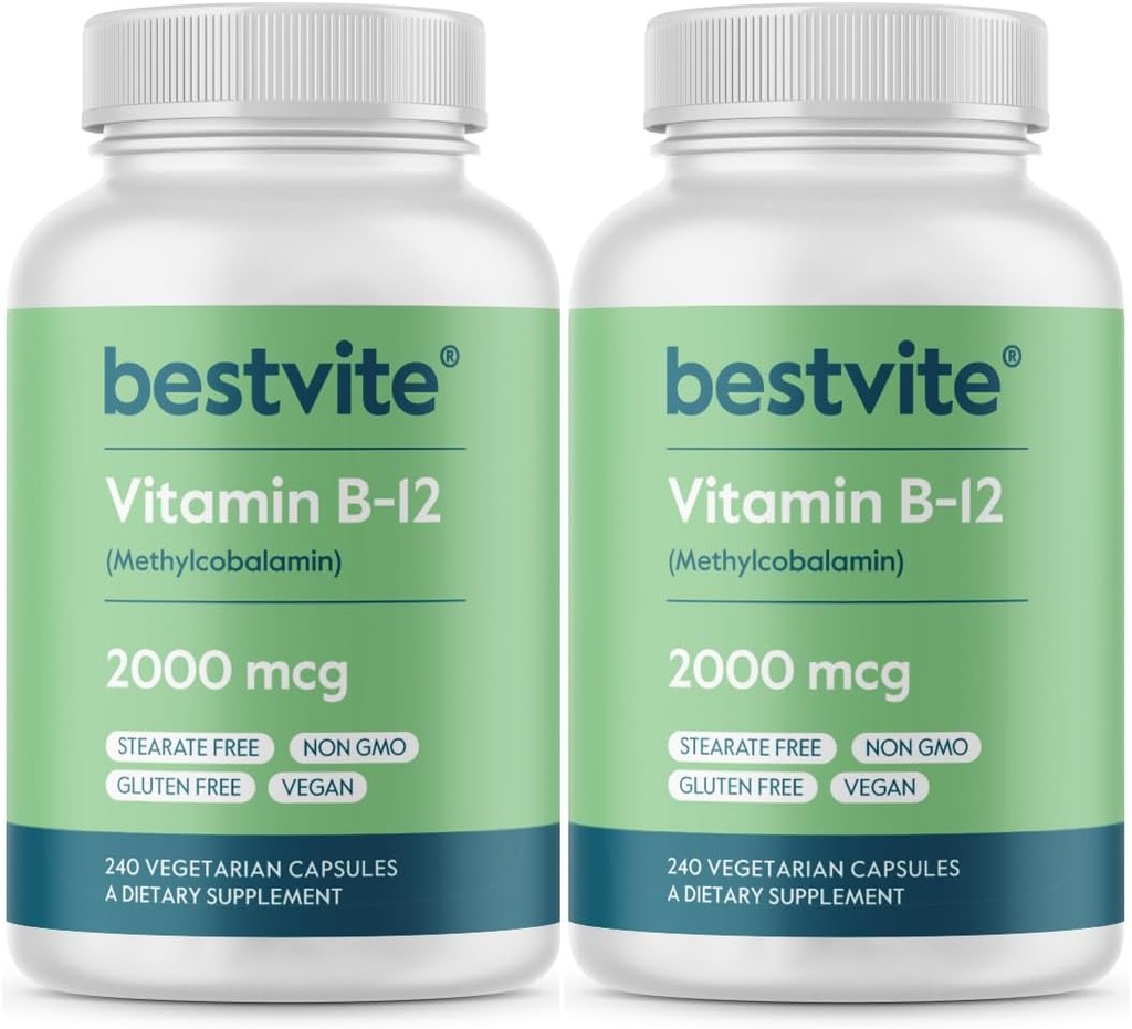 BESTVITE vitamin B12 (methylkobalamin) 2000mcg (480 Vegetariánských kapslí) (2 x 240) (methyl B12) - No Stearates - Vegan - Non GMO - gluten bez