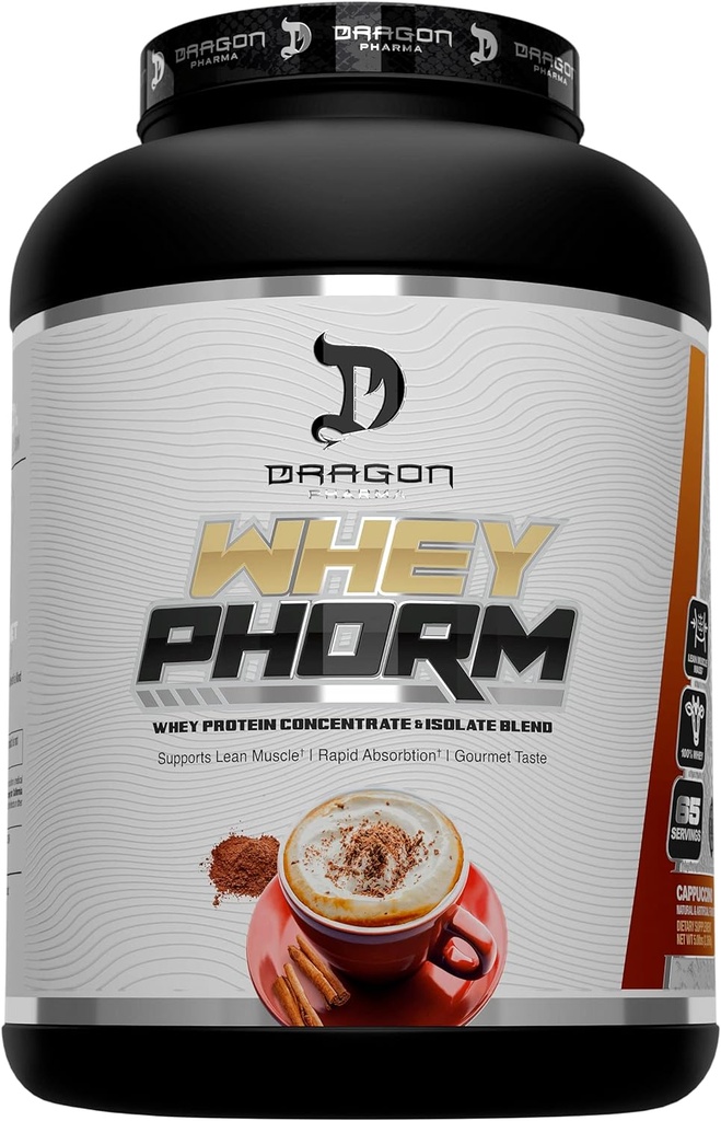 DRAGON PHARMA Whey Protein Blend, Rychlá absorpce, Gluten Free, 100% syrovátkový protein, WheyPhorm, Maximalizovat obnovu, Velké Ochutnávání, 25 gramů proteinu (65 Služeb, Cappuccino)