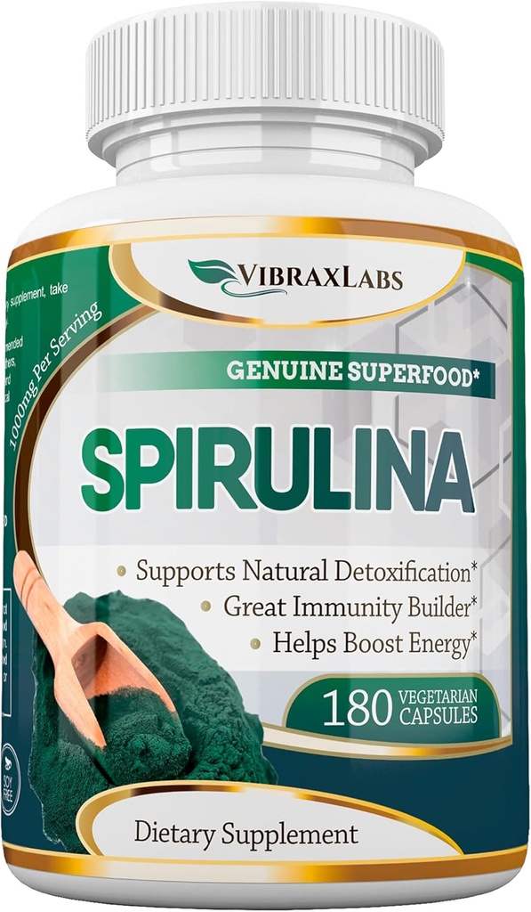 vibraxlabs Spirulina Kapsle - 100% čisté 1000mg Serving (500mg Veggie Kapsle) Práškový dodatek, podporuje přírodní detoxikaci, Výhody zdraví na buněčné úrovni, Nejlepší s Chlorella