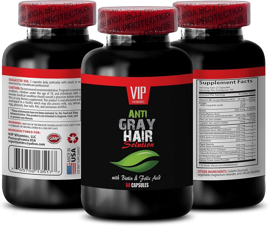 Nejlepší naturals Anti Gray Hair - Anti Gray Hair for Men and Women - Get Your Style Back - Zastaví šedé vlasy změna - kataláza pro šedé vlasy - Anti Gray Hair Supplement - Podpora vlasů Vitamíny 1Bot 60Caps