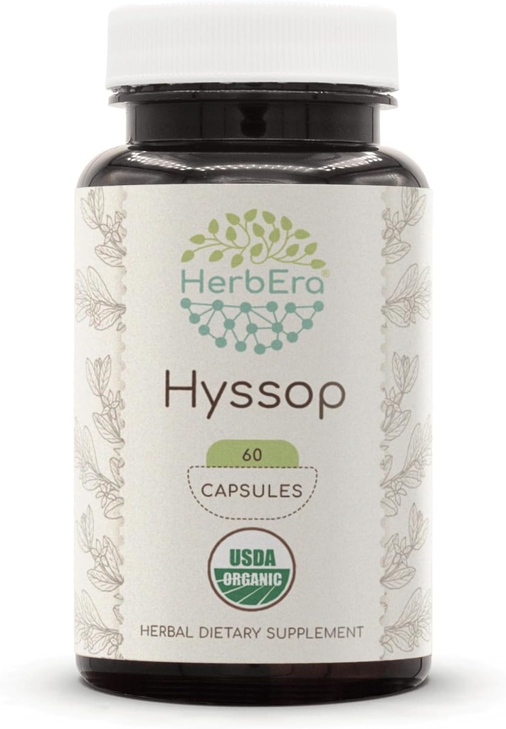 HerbEra Hyssop USDA Organic 60 Kapsle 124; Přírodní Bylinné doplňky 124; Certifikované Organic Vegetarian Kapsle a Organic Hyssop (Hyssopus officinalis) Sušený Herb (60 Kapsle)