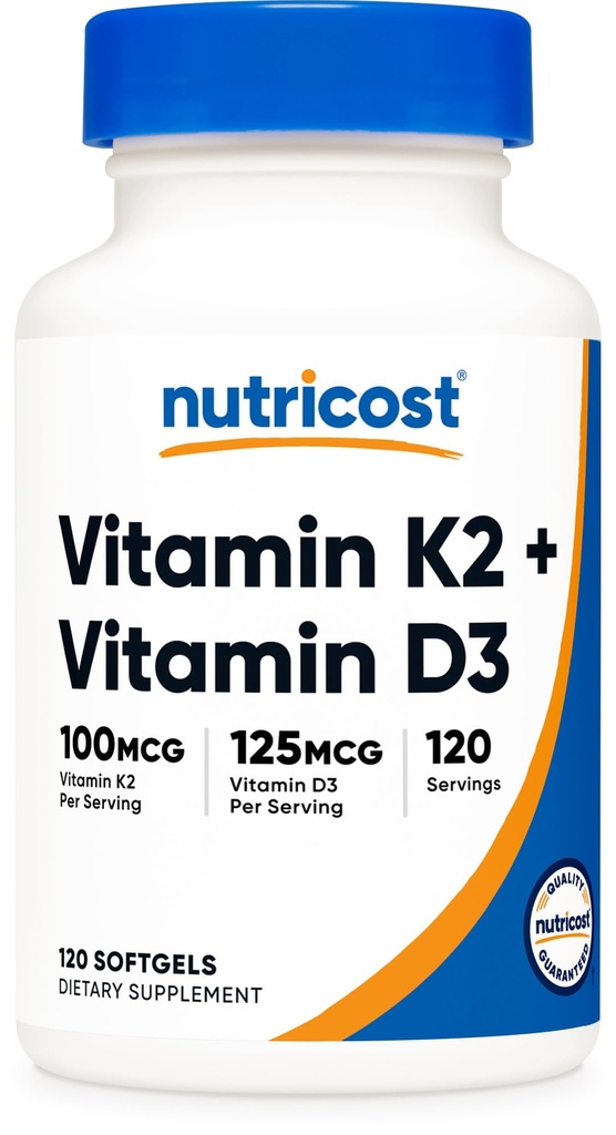 Nutricost Vitamin D3 + K2 (5000 IU D3 / 100mcg MK7), 120 Softgels - Gluten- Free & Non- GMO