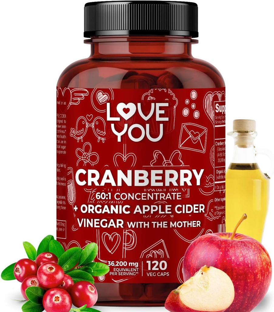Love You Cranberry 60: 1 Extract + Organic Apple Cider ocet - Max Strength 36,200 mg Ekvivalentní - 120 Vegan Kapsle - Močové Tract & Digestive Support